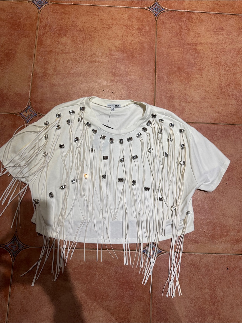 Fashion Nova White Fringe Crop Top with Silver Studs